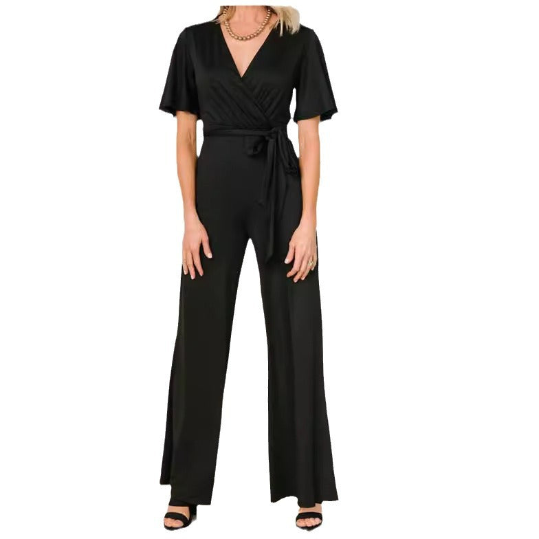 Women's Solid Short Sleeve Belted Casual Jumpsuit