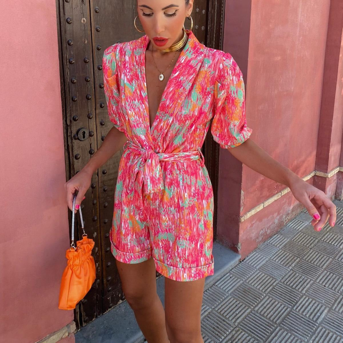 Deep V-neck Puff Short Sleeve Printed Elastic Waistband Pocket Shorts Jumpsuit