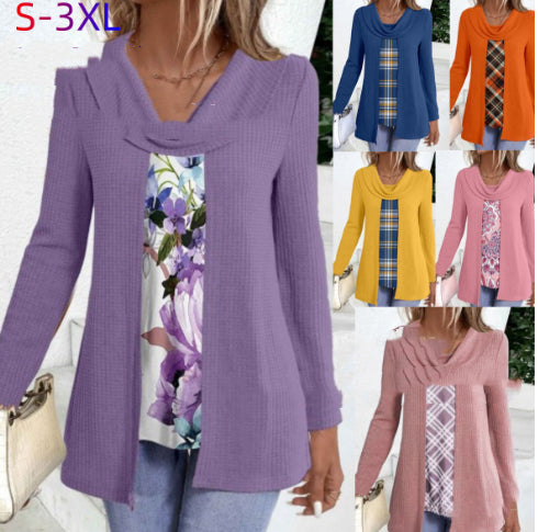 Fashionable Solid-Color Turtleneck Base-Layer Fake Two-Piece T-Shirt
