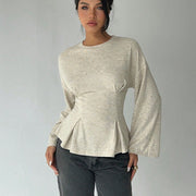 Flared Sleeve Long Sleeve T-Shirt – Elegant Apricot Summer Top