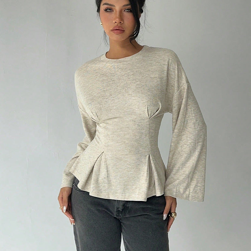 Flared Sleeve Long Sleeve T-Shirt – Elegant Apricot Summer Top