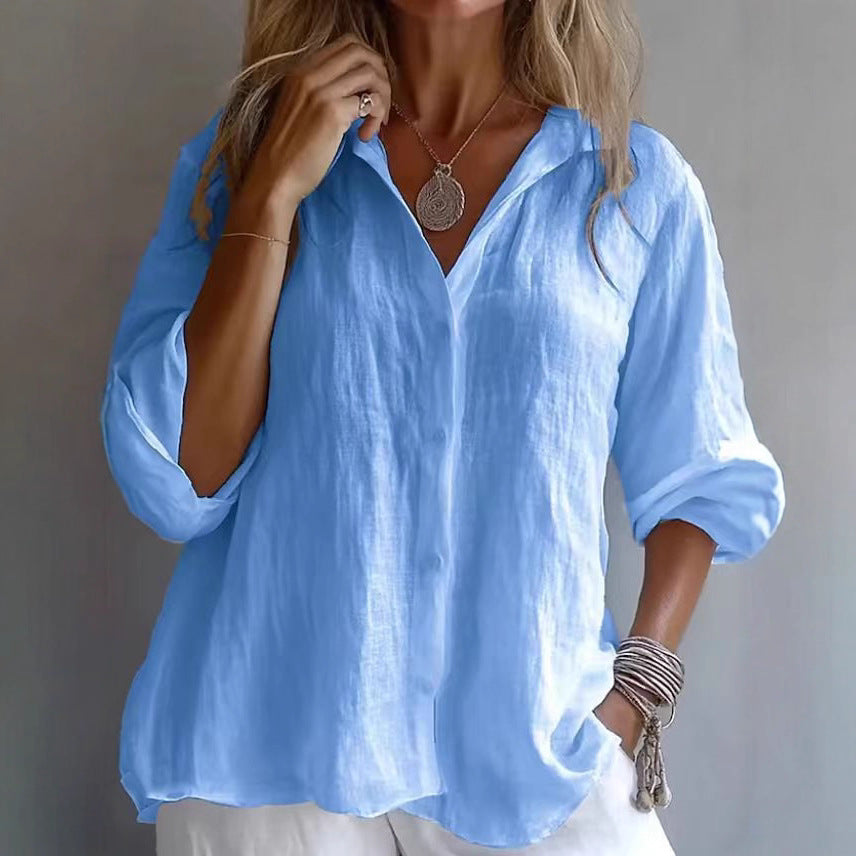 Spring Bestseller Women's Solid Color Linen Long Sleeve Casual Shirt