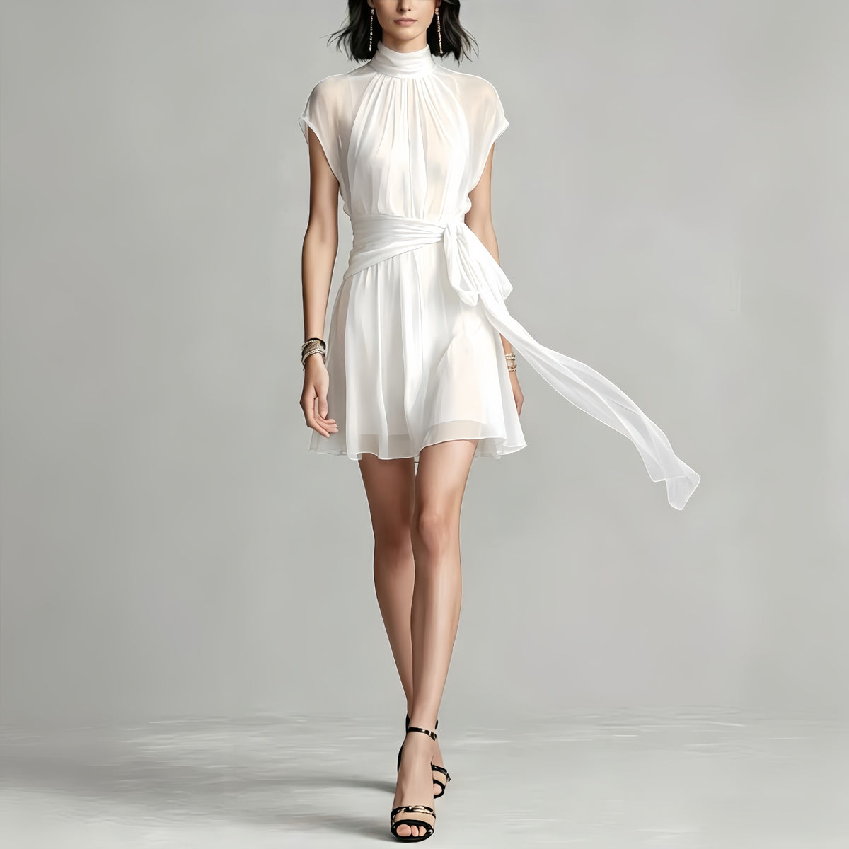 Chic Sleeveless Chiffon Mini Dress with Scarf Tie