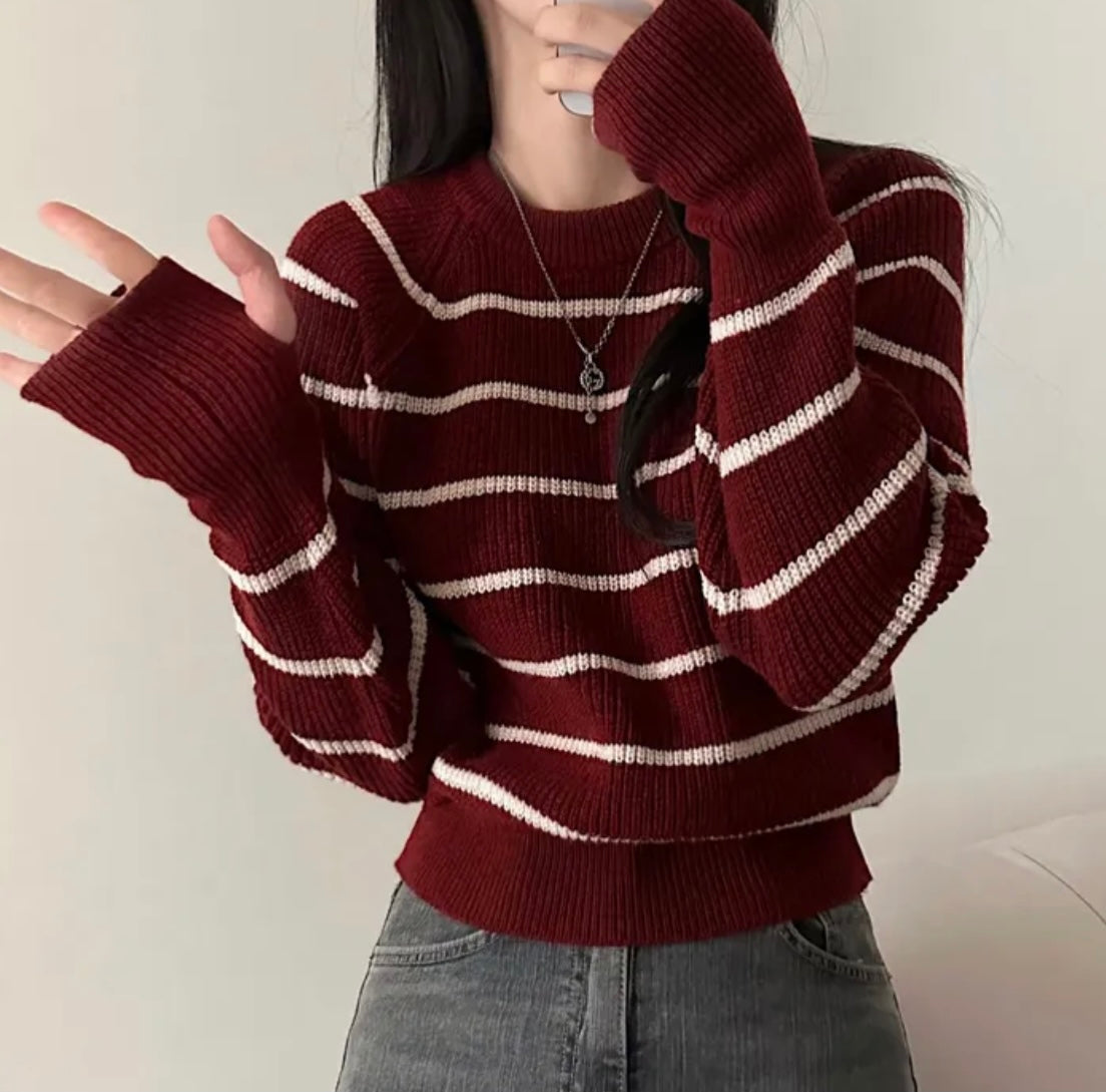 Autumn and Winter Contrast Color Striped Crew Neck Pullover Sweater