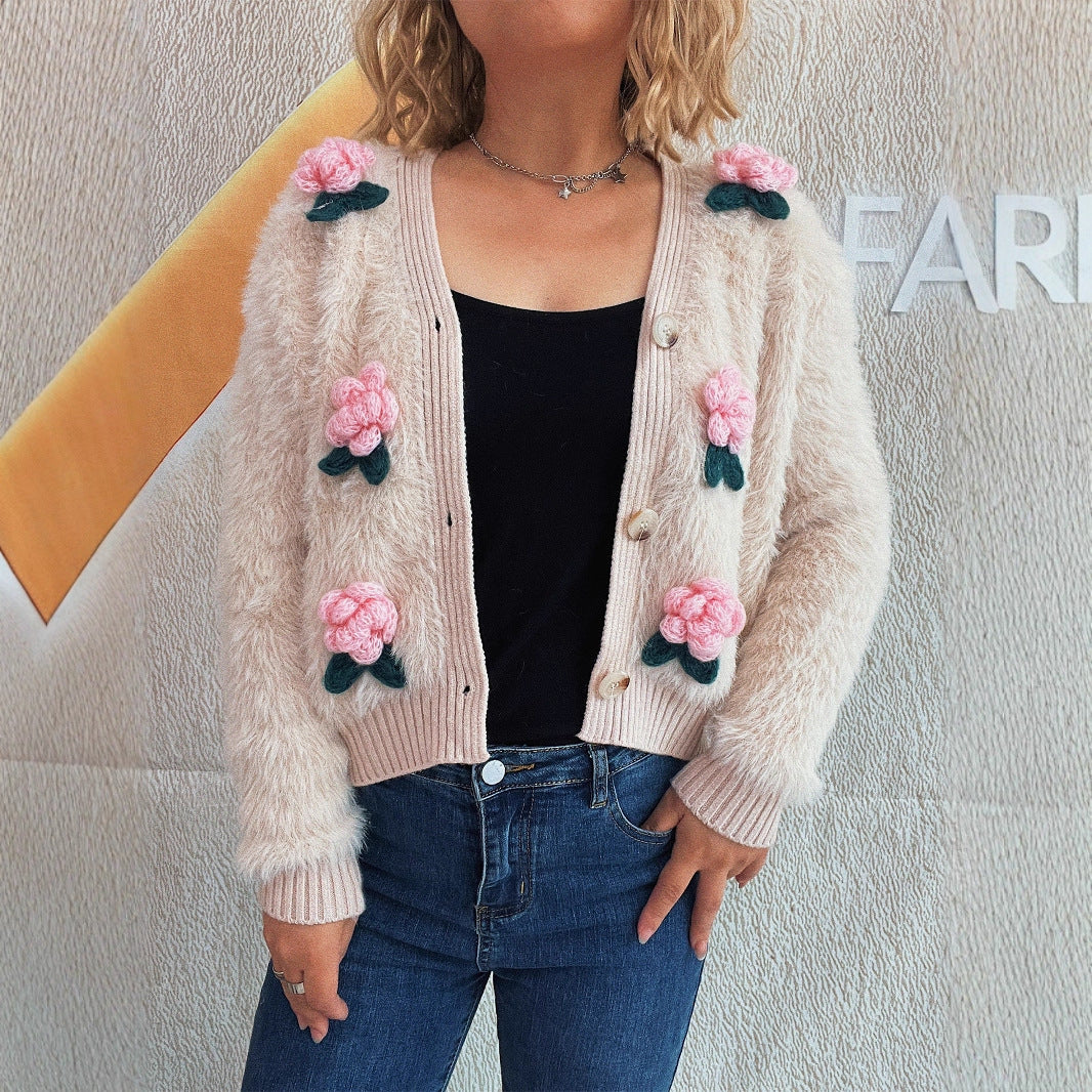 Stitching Three-dimensional Flower Fashion Short Knitted Sweater