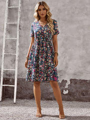 Women's V-neck Short Sleeve Floral Print Ruffled Hem Mini Dress - Casual Boho Flared Swing Dress, Summer Dress for Women