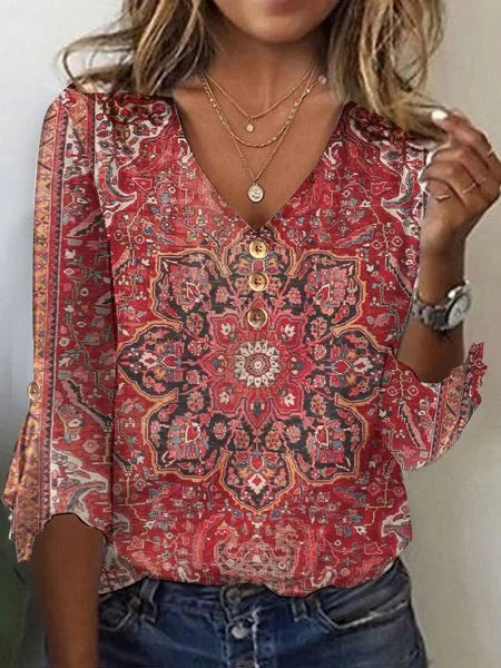 Floral V-Neck Flared Sleeve T-Shirt