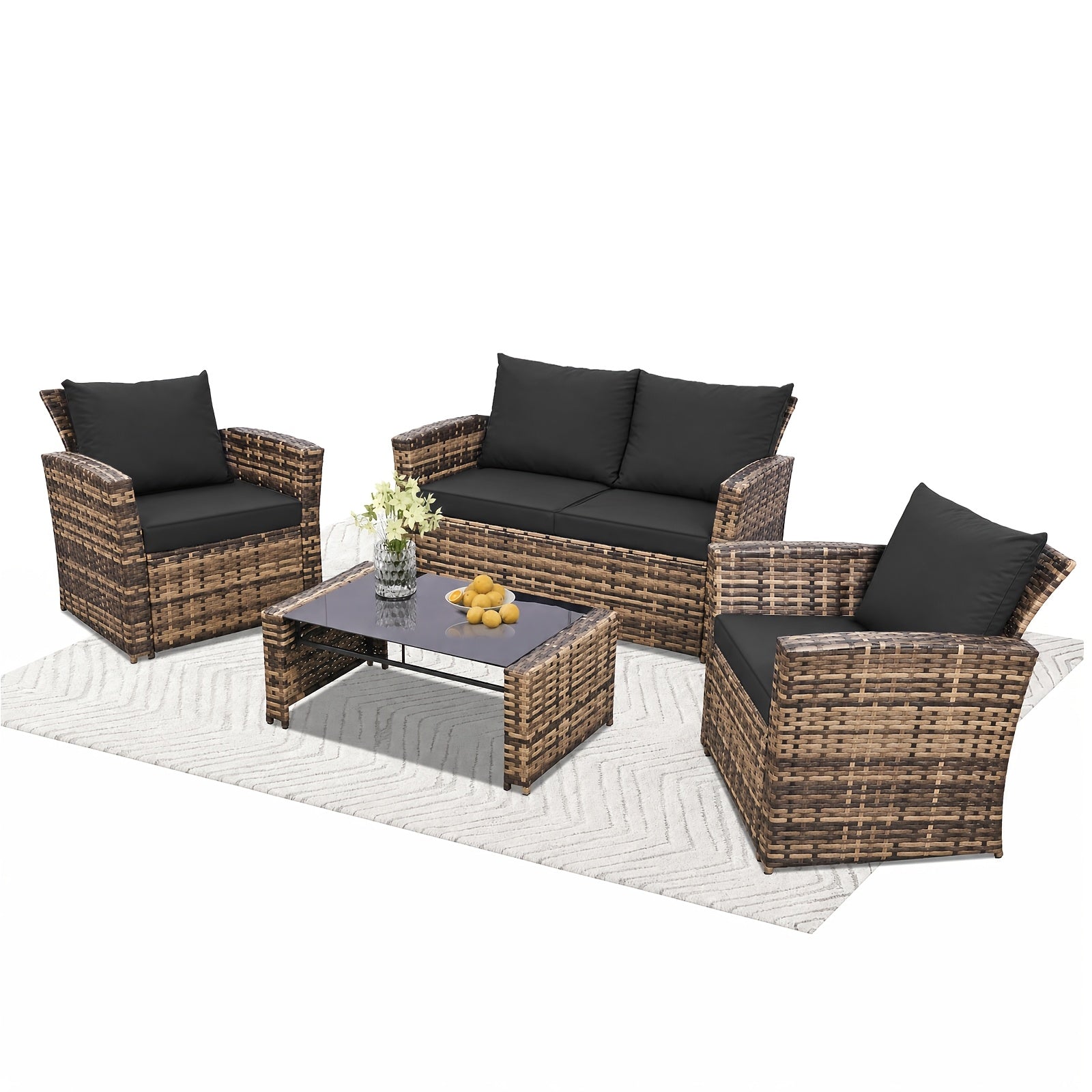4pcs Outdoor Patio Furniture Set, Wicker Patio Furniture Sets with Deeper Seating Outdoor Rattan Conversation Sets with Sectional Patio Sofa And Loveseat & Coffee Table for Outside, Garden, Balcony, Porch