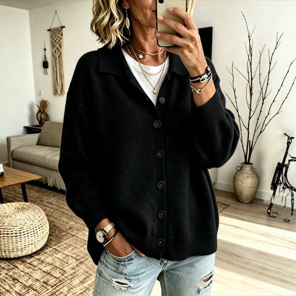 Knitted Cardigan with Buttons and a Lapel Womens Outerwear