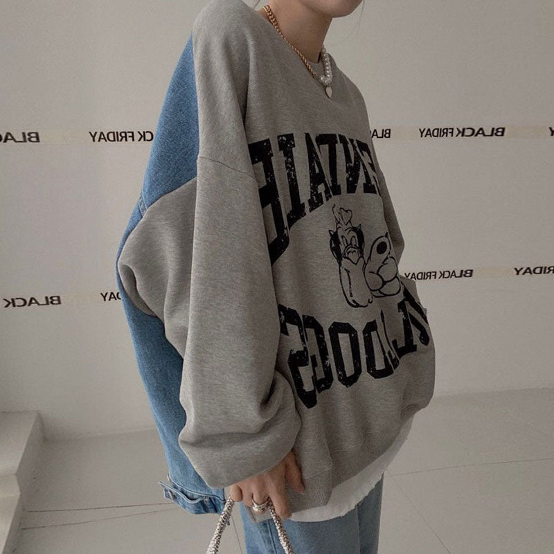 Casual Denim Spliced Long-Sleeve Women's Sweater