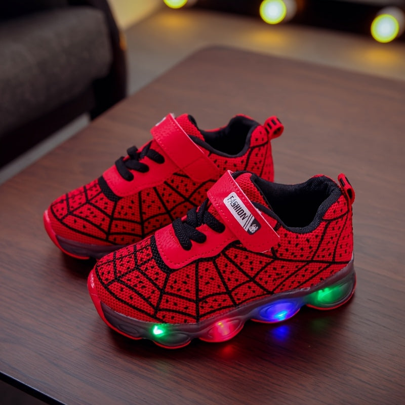 Children's Luminous LED Light-Up Sneakers with Mesh Spider Design