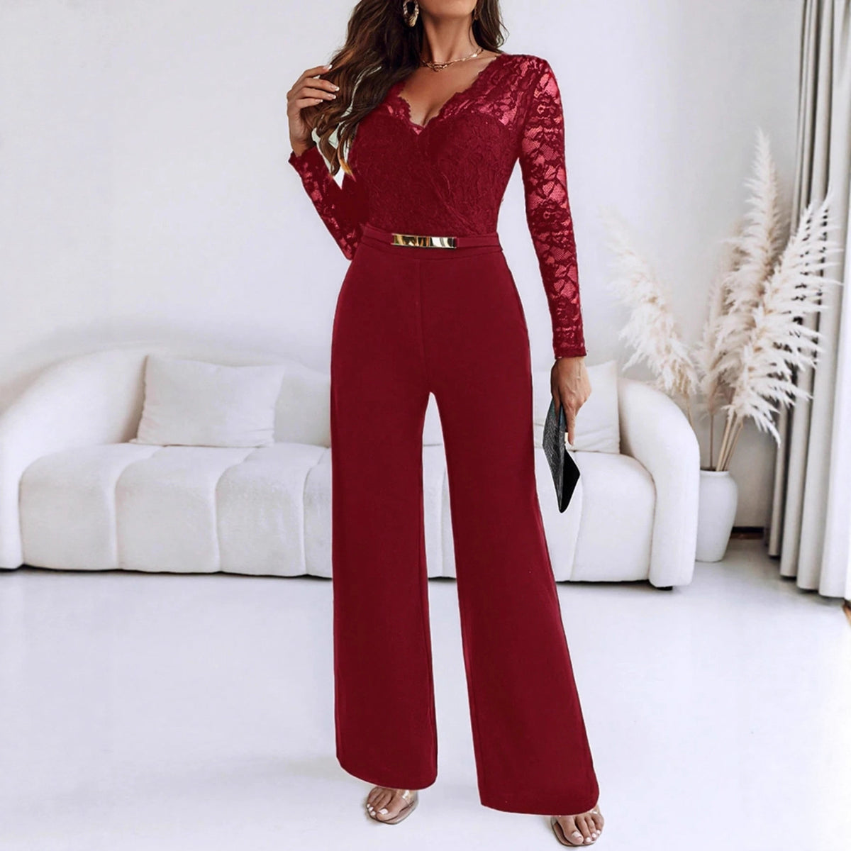 Elegant Long-Sleeve Belted Jumpsuit with Flared Pants