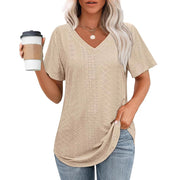 Airy Hollow-Out V‑Neck Short Sleeve Top – Loose Fit, Elegant Casual