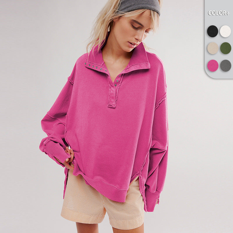Chic Lantern Sleeve Split Lapel Pullover Sweater