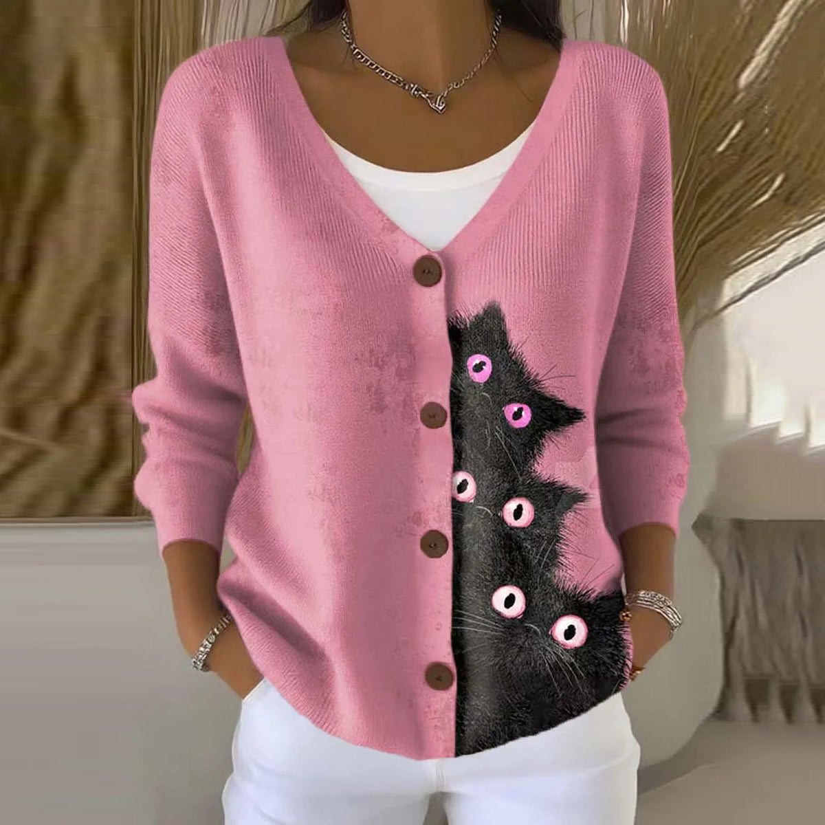 Printed Knitted Button-up Sweater Cardigan Loose And Casual