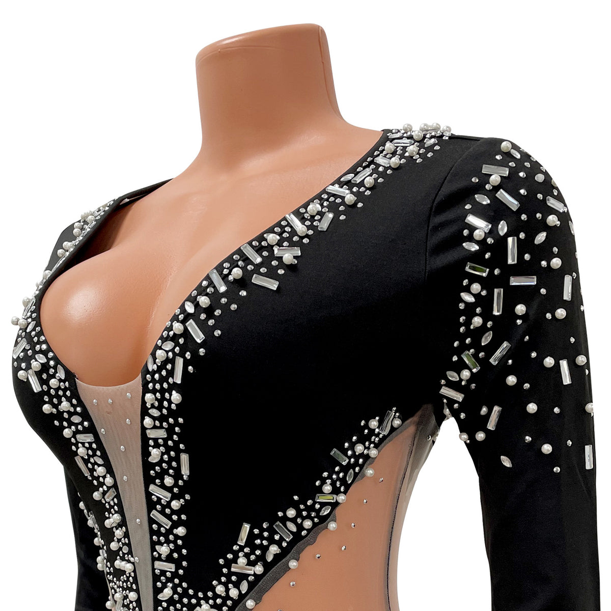 V-neck Rhinestone Tight Long Sleeve Jumpsuit