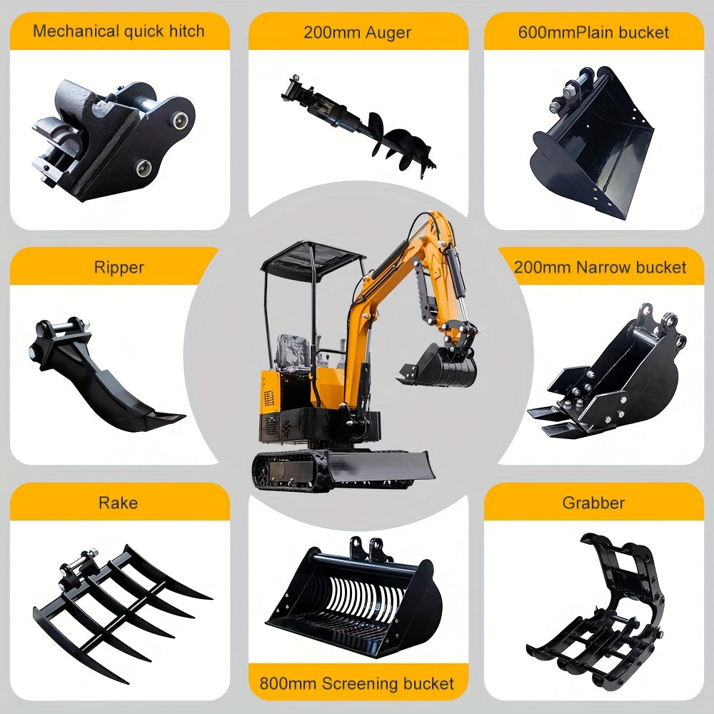 8-Piece Mini Excavator Attachment Kit – Quick Hitch, Narrow Bucket, Ripper, Rake, Auger, Grapple, and Screening Bucket