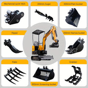 8-Piece Mini Excavator Attachment Kit – Quick Hitch, Narrow Bucket, Ripper, Rake, Auger, Grapple, and Screening Bucket