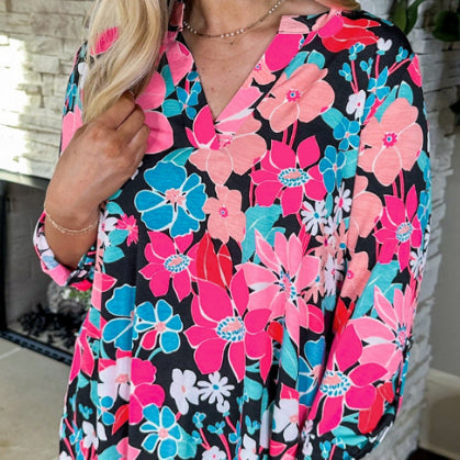 Floral V Neck Roll Tab Sleeve Blouse