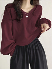 Womens Casual Versatile Solid-color Pullover Knit Sweater Top