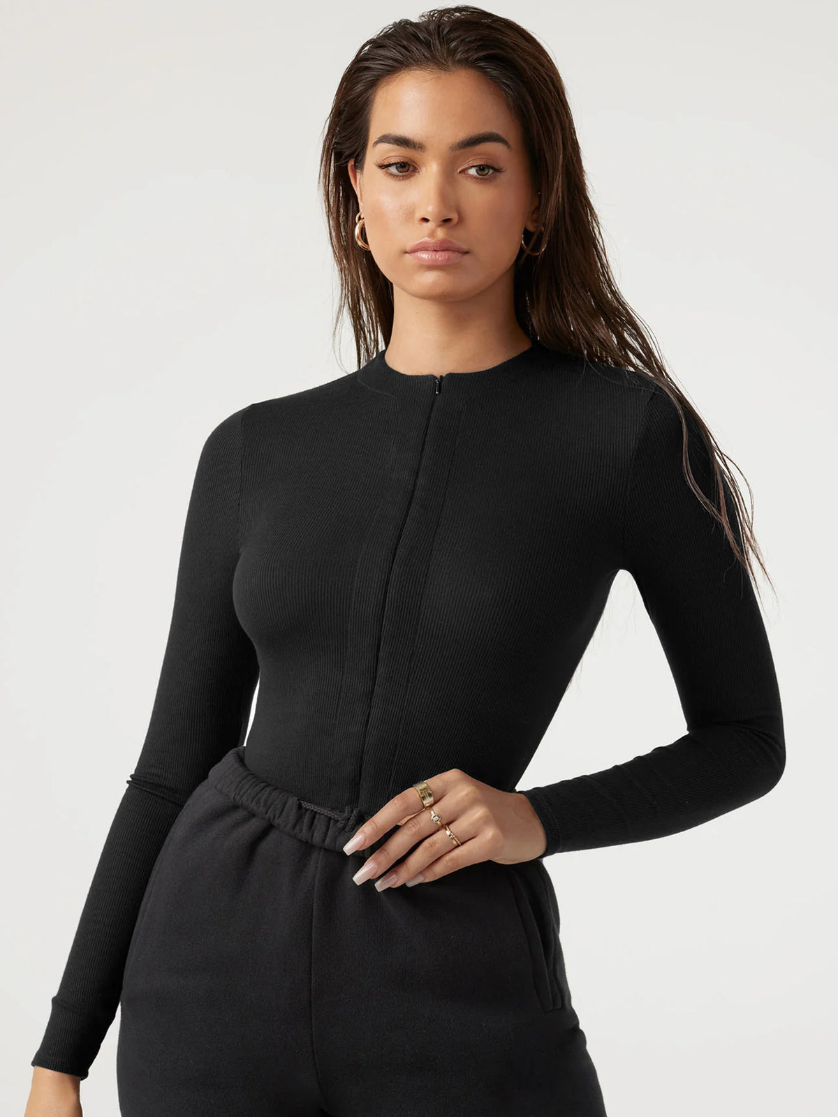 Ribbed Knit Long Sleeve Zipper Romper