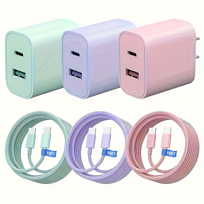 10ft Ultra Long Cable, "dual Fast" 38W Fast Charger Block, Dual Port Power Adapter, with 10ft Cable Type-C Fast Charging Kit, Suitable for iPhone 15/16 Series iPad/Galaxy S25/224/Note 8/9/10/20 And...