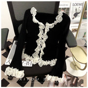 Women's Lace Patchwork Black Fungus Edge Knitted Cardigan Jacket