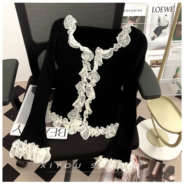 Women's Lace Patchwork Black Fungus Edge Knitted Cardigan Jacket