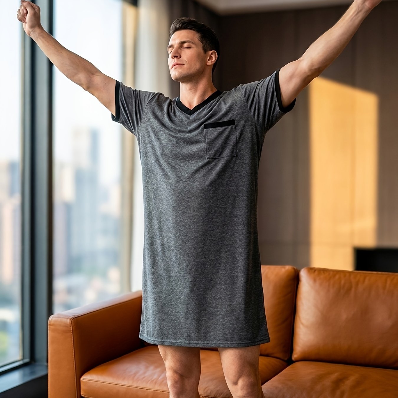Ultra Soft Men's V‑Neck Sleeved Loungewear Top with Pockets – Summer Cooling, Nordic Style