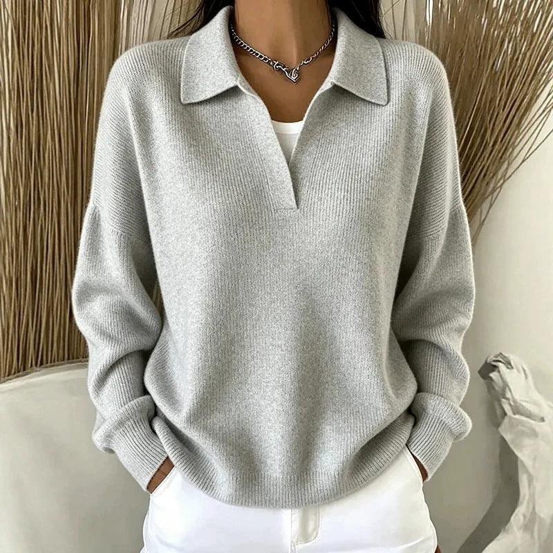 Turn-down Ribbed Knit Sweater Loose-fitting Figure-flattering Casual V-neck Pullover