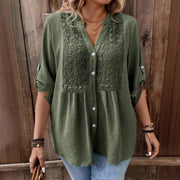 Plus-size Lace Patchwork Design V-neck Button-up