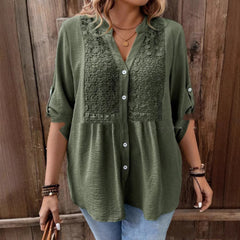 Plus-size Lace Patchwork Design V-neck Button-up