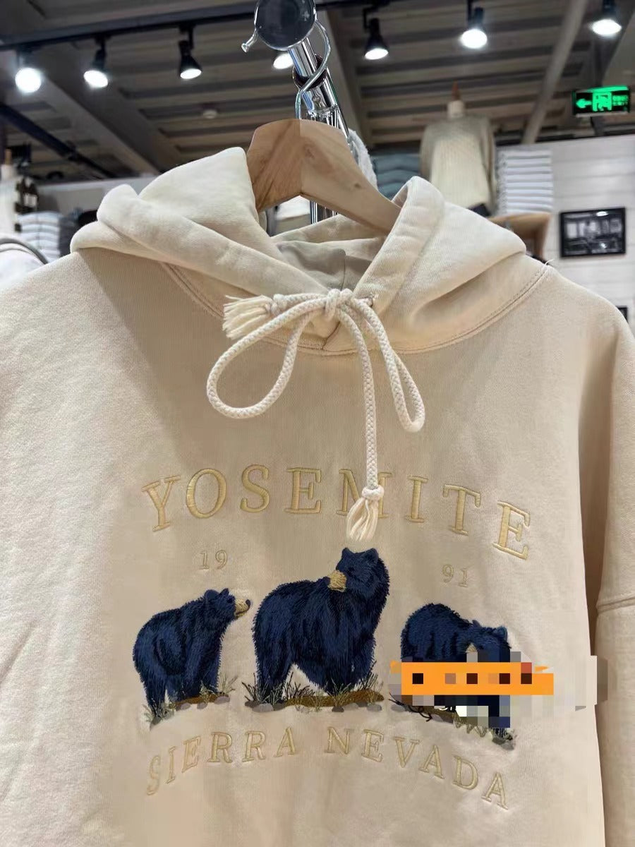 Cozy Bear Embroidered Beige Velvet Hoodie