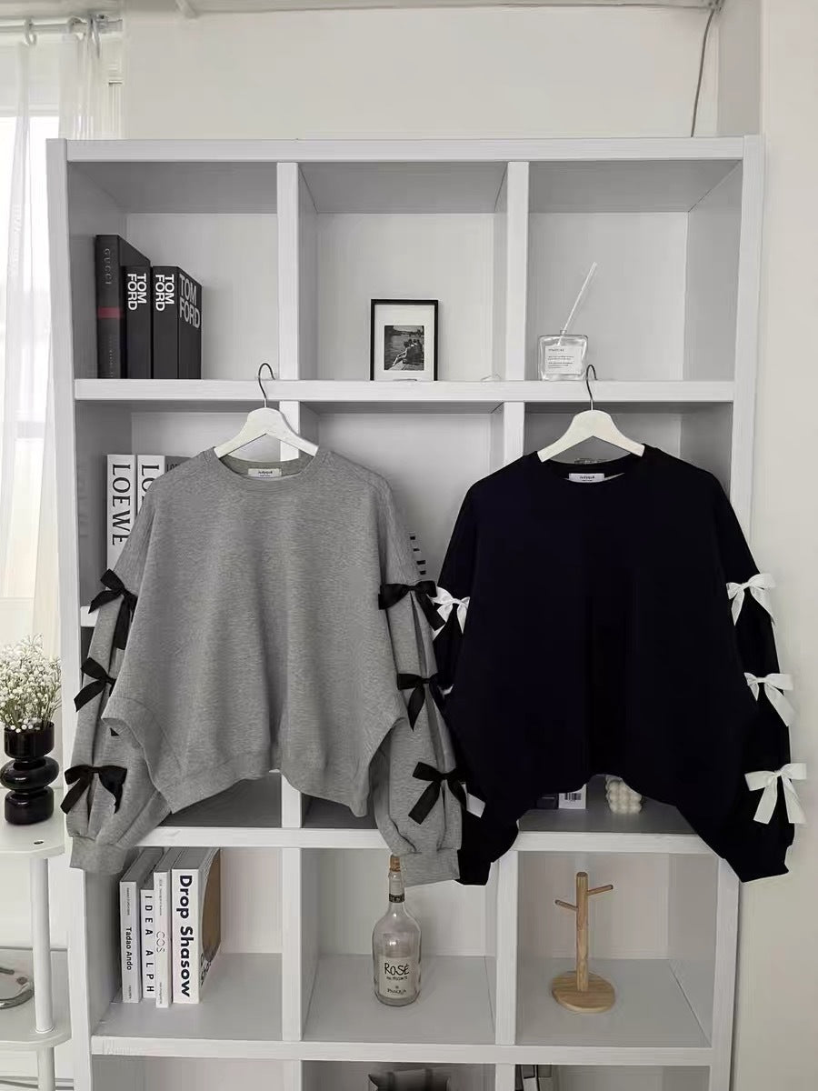 Women's Casual Loose Bow Knit Sweater with Lantern Sleeves