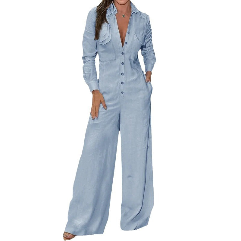 Chic Casual Polo Collar Solid Color Women's Jumpsuit