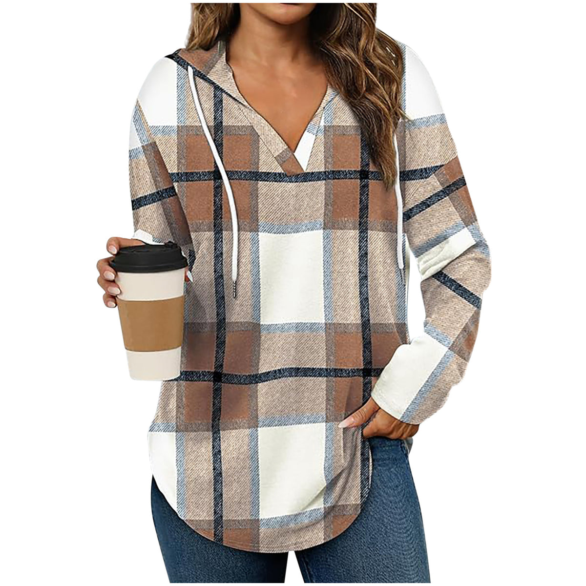 Hooded Pullover V-neck Adjustable Drawstring Casual Plaid Long Sleeve