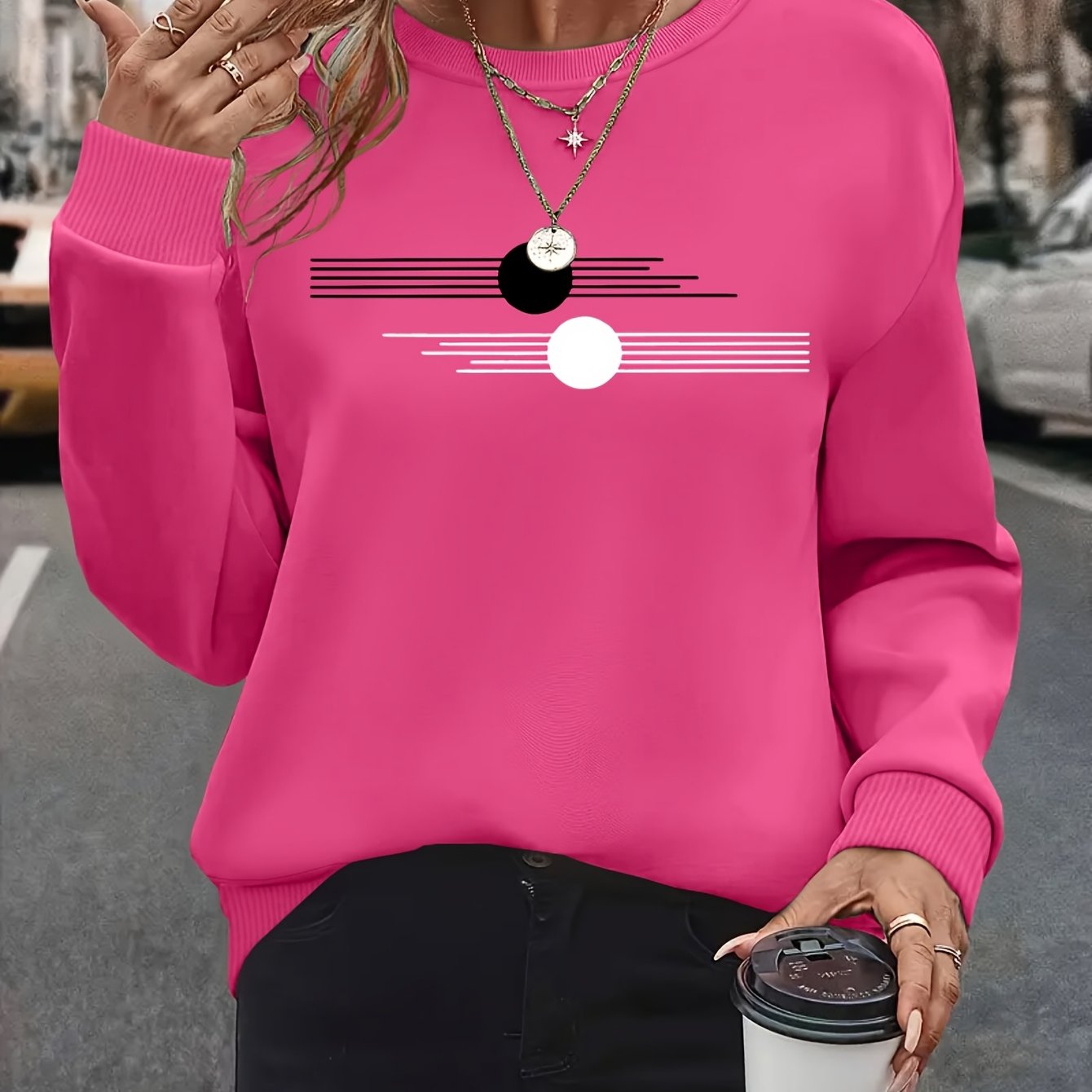 Women's Plus Size Oversized Long Sleeve Crew Neck Sweatshirt with Geometric Pattern