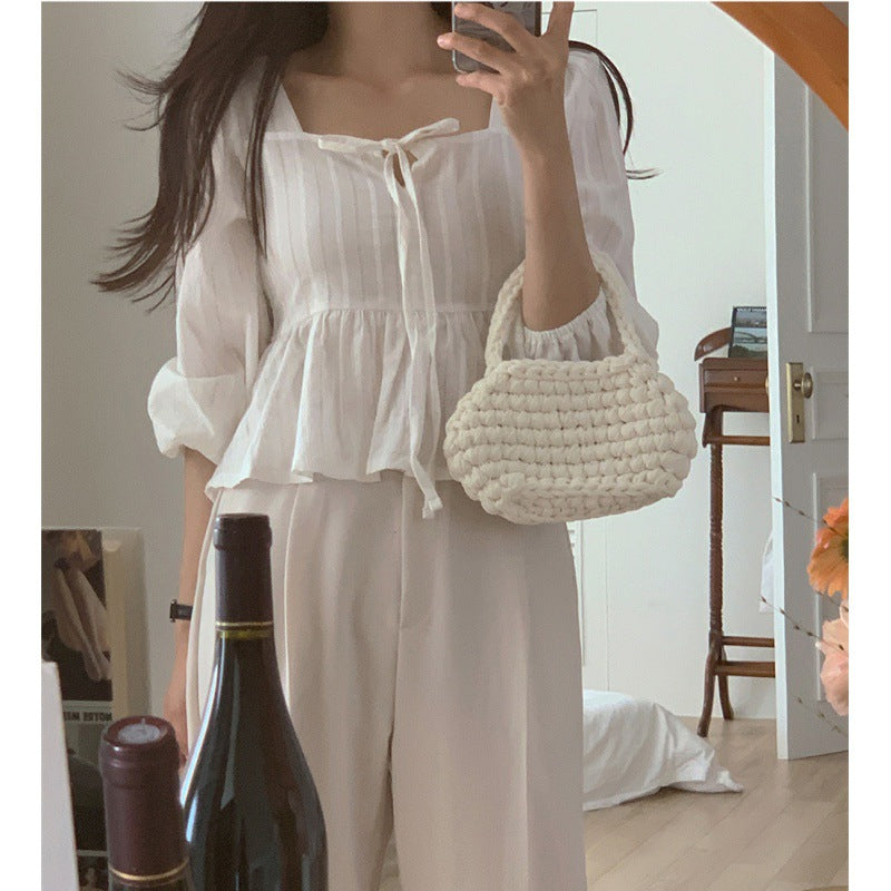 Sweet Tie-neck Square-neck Cinched Slimming Jacquard Short Long Sleeve Shirt