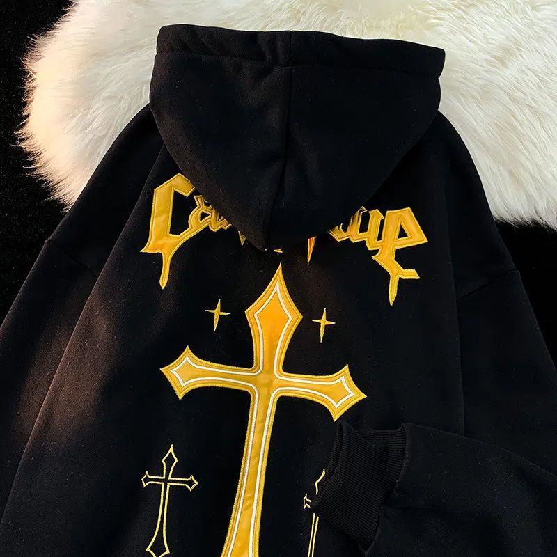 Cross Printed Loose Unisex Hoodie