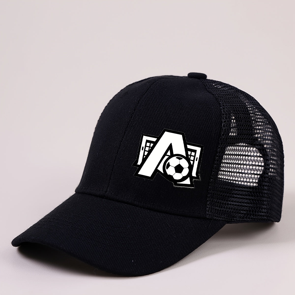 Boys Mesh Baseball Cap with A‑Z Letter and Soccer Ball Print, Unisex Sunvisor, Black