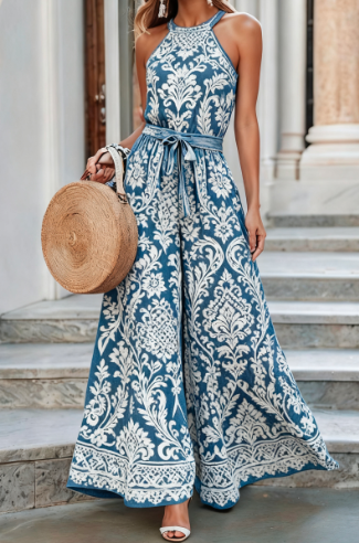 Vintage Summer Slim-fit Belted Wide-leg Jumpsuit