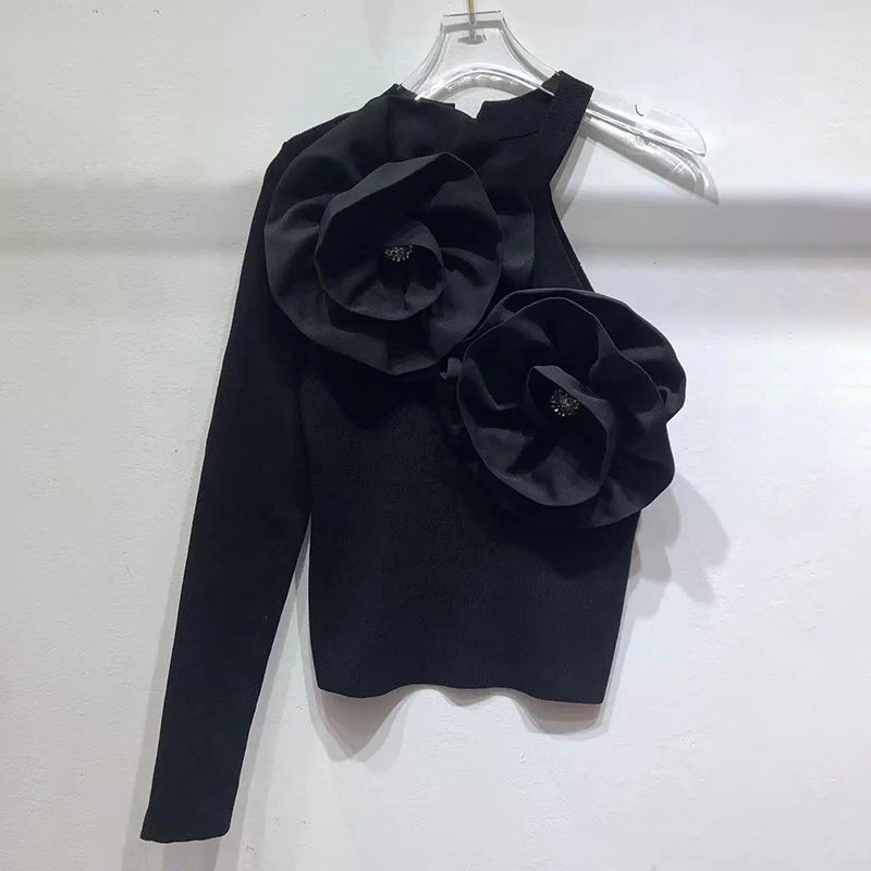 Floral Stitching Slim-Fit Knitted Top