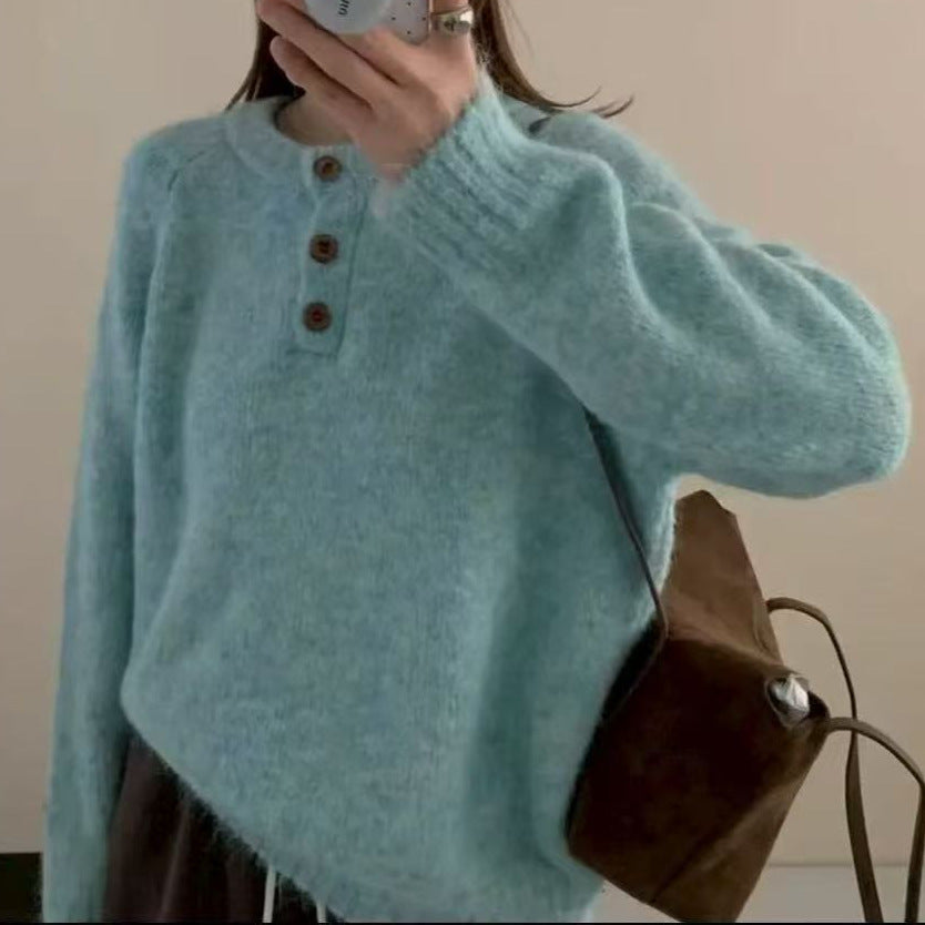 Korean-style Relaxed-fit Off-shoulder Crew-neck Cropped Sweater for Outerwear