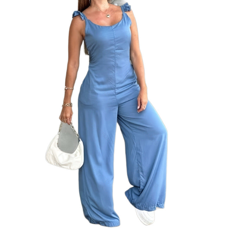 Ruffle-trimmed Strappy Back-tie Wide-leg Jumpsuit For Women