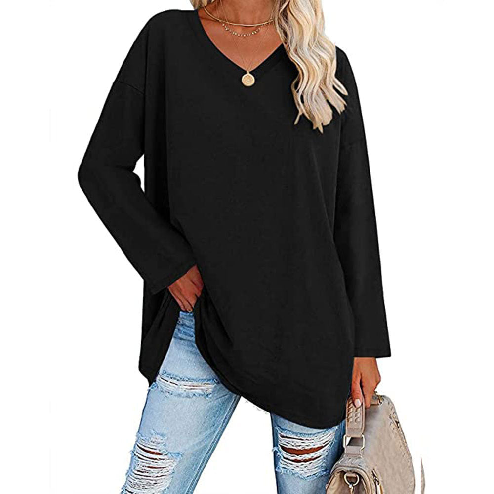Oversized V-Neck Drop-Shoulder Casual Cotton T-Shirt