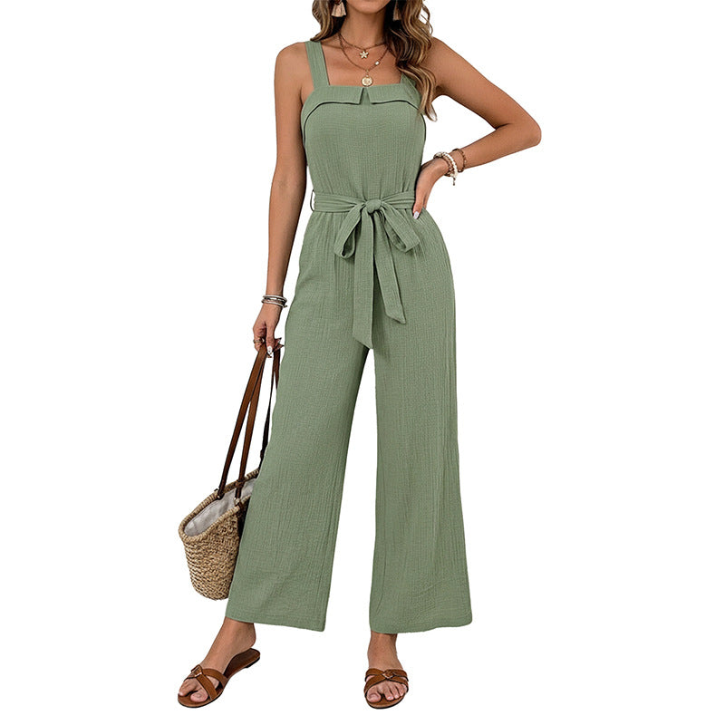 Solid-color Casual Sleeveless Strap Jumpsuit