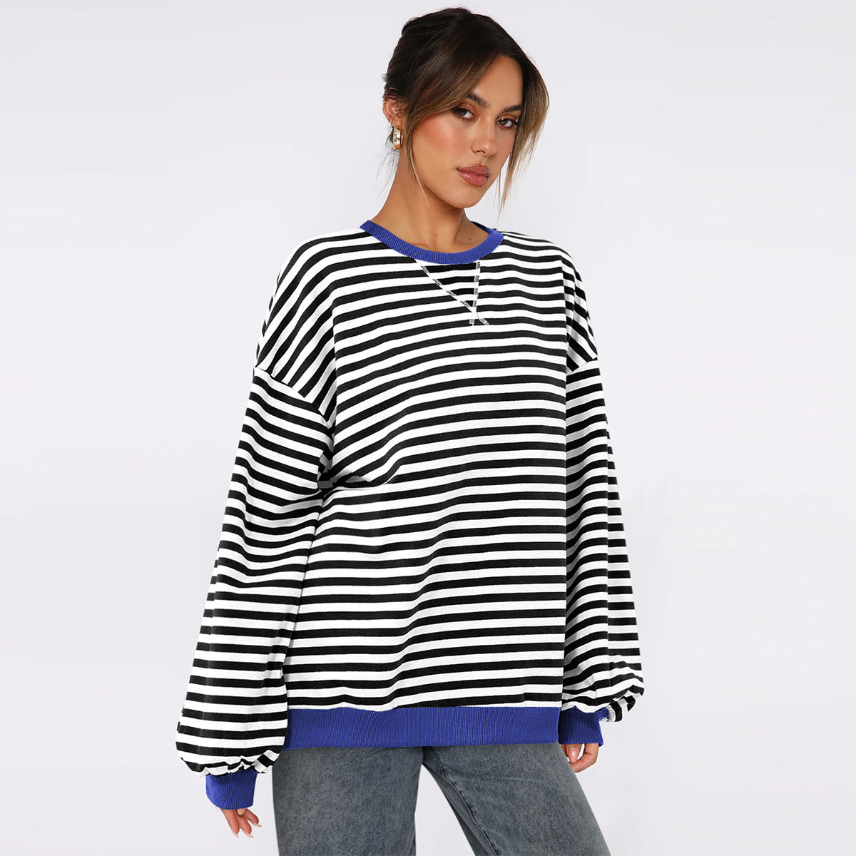 Chic Striped Bishop Sleeve Sweater for Women