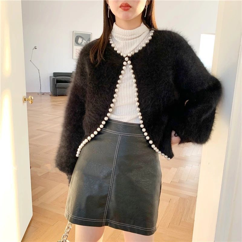 Korean Style Solid Color Fashion Loose Pearl Edge Mink-like Wool Cardigan Sweater