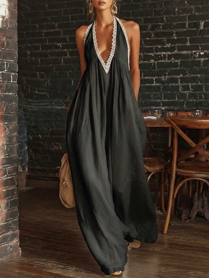 Casual Lace-Trimmed Loose Linen Jumpsuit