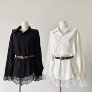 Lace Slimming Patchwork Versatile Shirt Dress With Belt